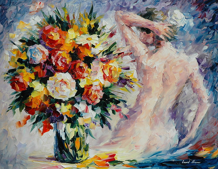 woman sitting near flowers painting, girl, back, bouquet, hands