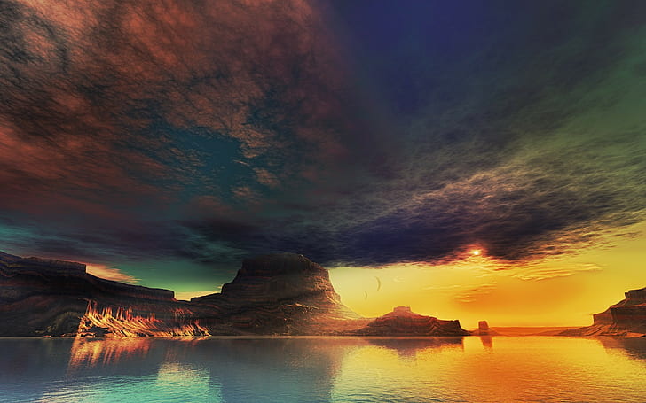 landscape, lake, digital art, sky, nature, clouds, sunlight, HD wallpaper