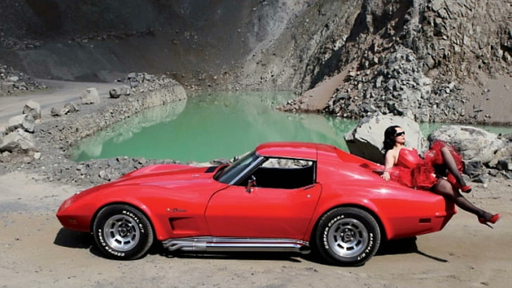 Corvette Summer- Another Version, mountain, lake, woman, cars