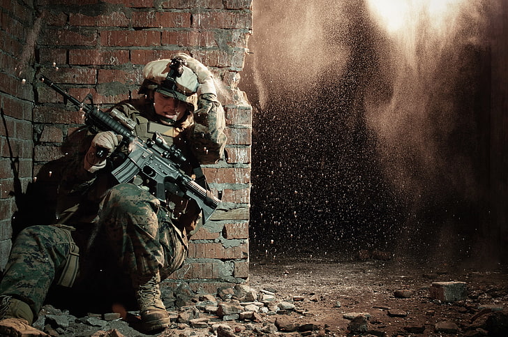 black assault rifle, explosion, wall, United States, soldier