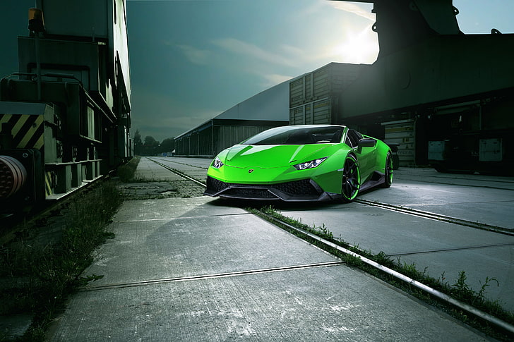 green Lamborghini Huracan coupe, spyder, front view, car, land Vehicle