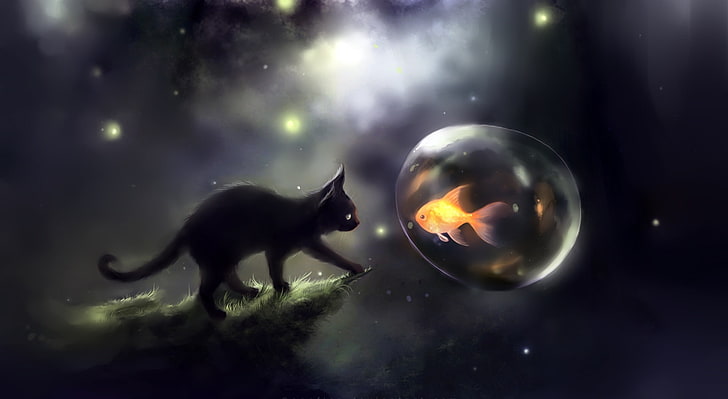 Black Kitty And Golden Fish, black cat and fish wallpaper, Artistic