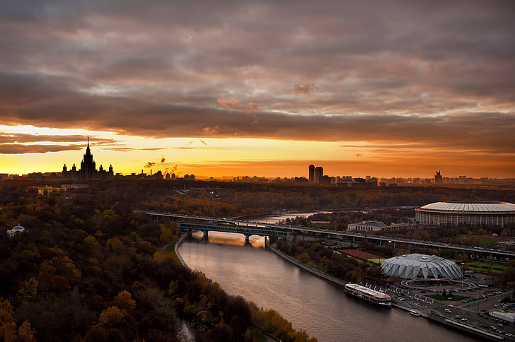 gray bridge, moscow, city, landscape, sports kremlin, river, sunset