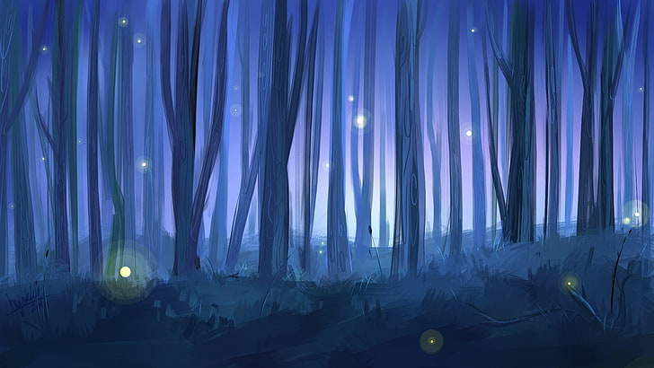 forest with fireflies painting, trees, night, art, painted landscape