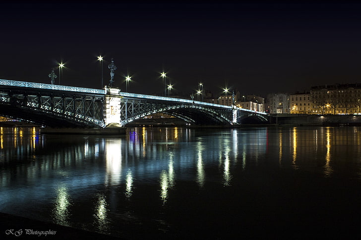 gray concrete bridge, Lyon, city, architecture, lights, night, HD wallpaper