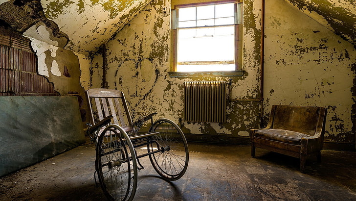 black and gray wheelchair, ruin, abandoned, room, window, indoors