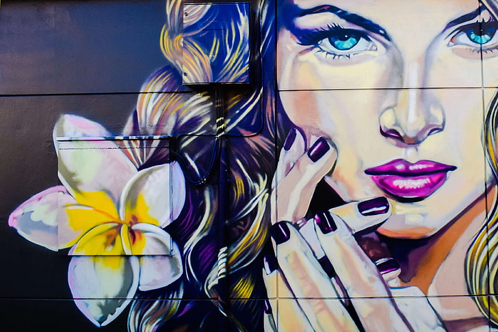 cyprus, dherynia, femme fatale, flower, graffiti, paint, street, HD wallpaper