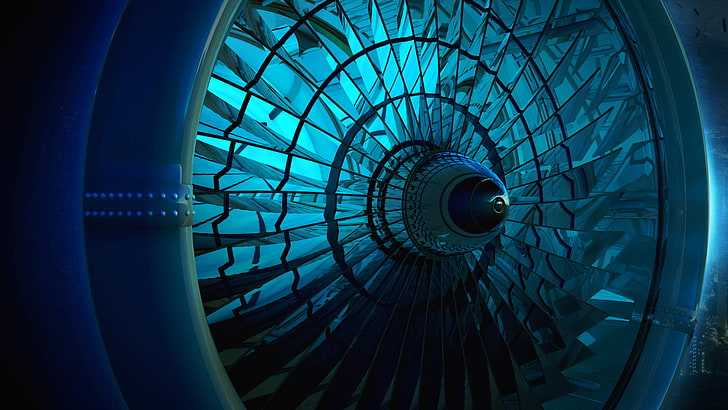 3D graphics, shining, turbine, blue, indoors, shape, pattern, HD wallpaper