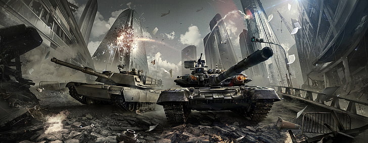 battle tanks illustration, war, artwork, M1 Abrams, T-90, weapon, HD wallpaper