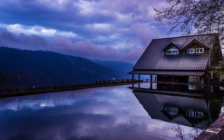 Cabin and infinity pool, brown cabin, nature, 1920x1200, cloud