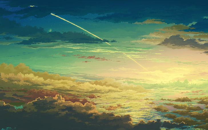 painting of cloudy sky, artwork, clouds, sunset, cloud - sky