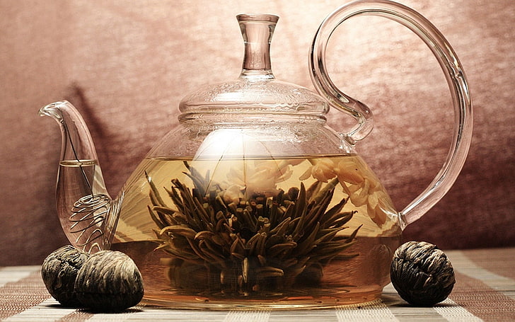 clear glass teapot, tea leaves, grass, indoors, glass - material