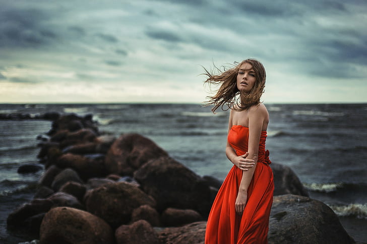 women, model, brunette, bare shoulders, red dress, windy, sea
