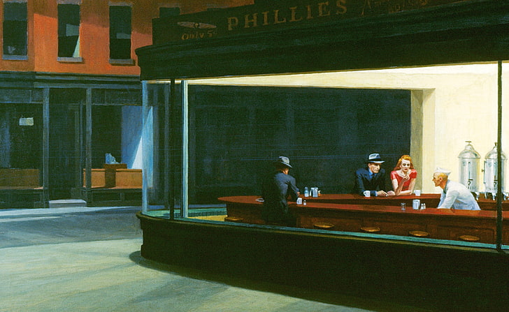 Nighthawks, woman and three men on counter desk painting, Artistic, HD wallpaper