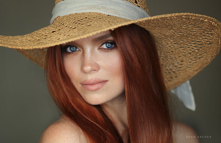 women, redhead, hat, blue eyes, portrait, face, simple background