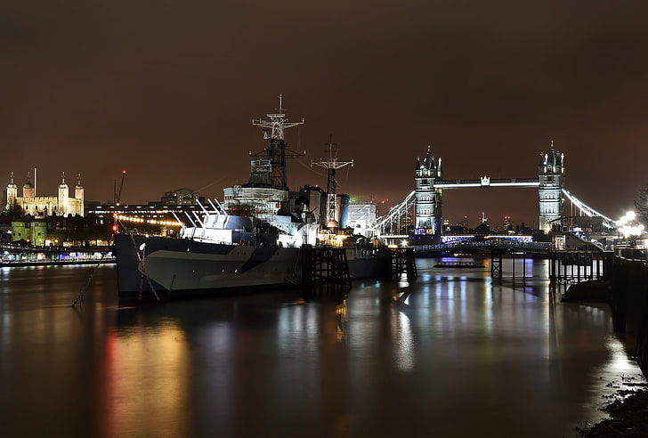 the city, lights, the building, Tower Bridge, London, HMS Belfast