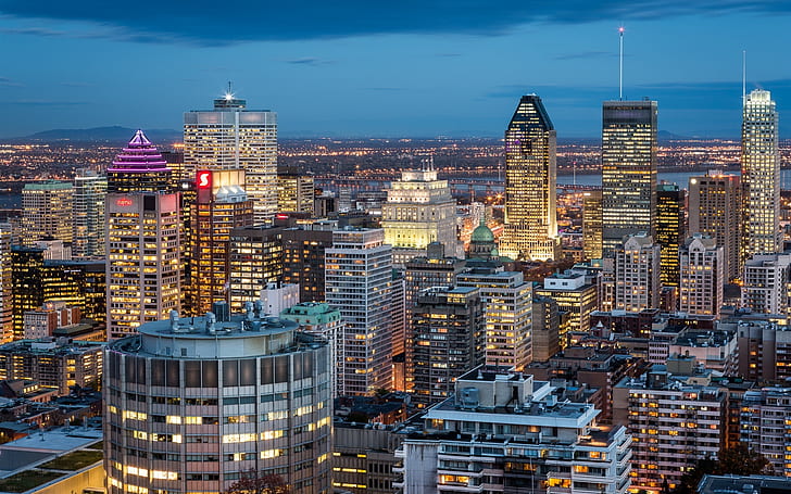 Montreal, Quebec, Canada, city, buildings, night, lights, aerial photograph of high rise buildings