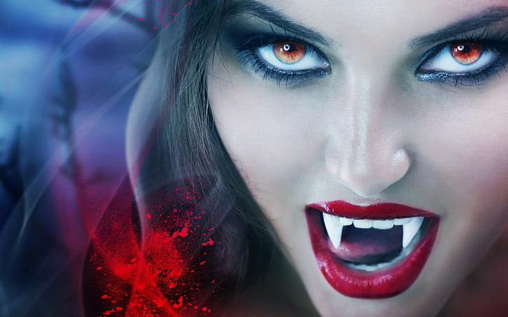 Model, Blood Spatter, Vampires, Juicy Lips, Red Eyes, vampire woman, HD wallpaper