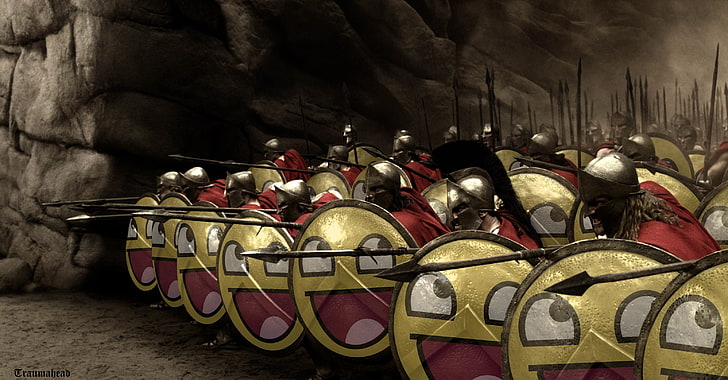 yellow spartan emoticon shield lot, humor, 300, digital art, awesome face