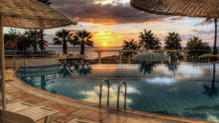 sunset, swimming pool, HDR, palm trees, tropical, resort, sea, HD wallpaper