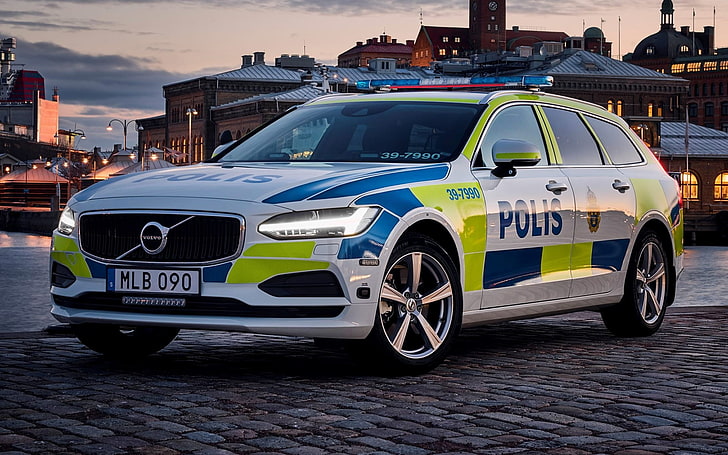 white and black Ford Mustang, Volvo V90, police cars, Sweden