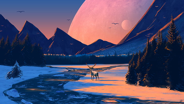 landscape, JoeyJazz, deer, nature, winter, artwork, HD wallpaper