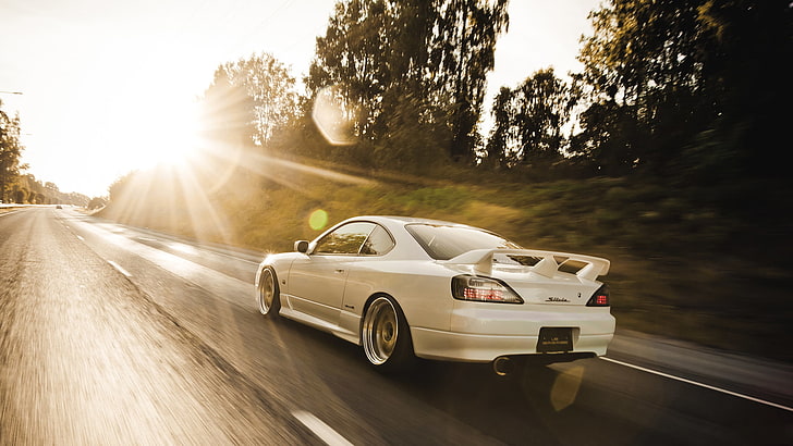 white coupe, road, the sun, glare, S15, Silvia, Nissan, in motion HD wallpaper