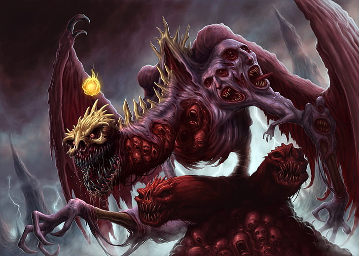 maroon monster with wings illustration, fantasy art, digital art, HD wallpaper