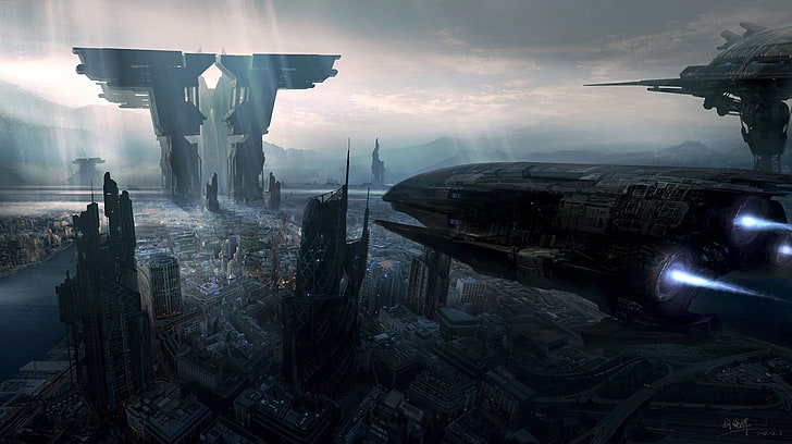 aircraft above ground wallpaper, the city, future, ships, art