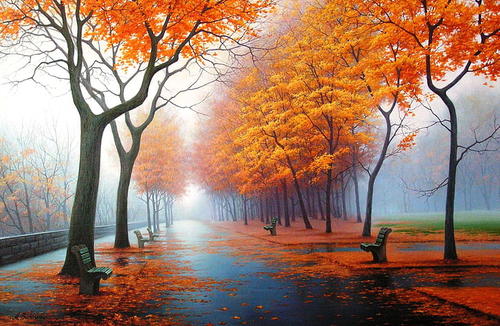 orange leafed trees painting, autumn, nature, Park, figure, picture