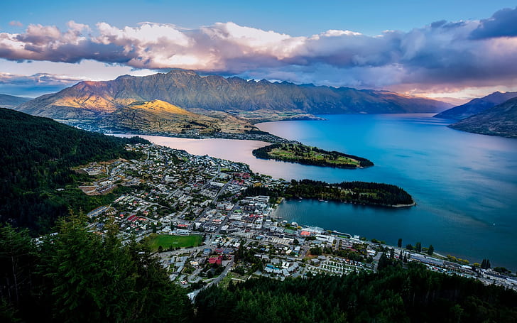 Queenstown, New Zealand, Lake Wakatipu, bay, mountains, city, HD wallpaper