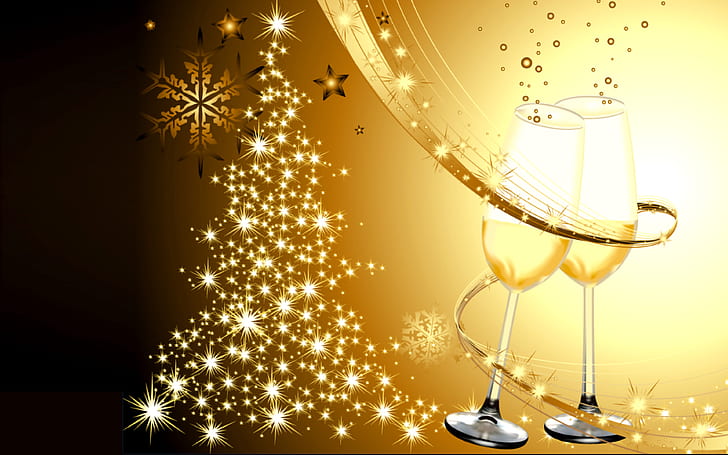Christmas Background Glasses With Champagne Happy Christmas And Happy New Year Golden Background, HD wallpaper