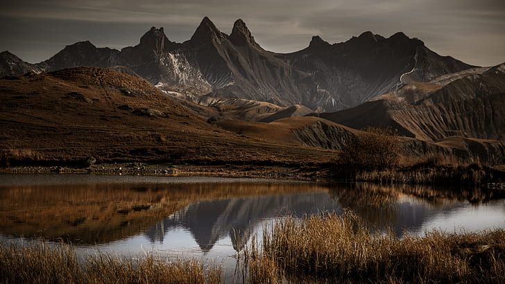 mountain lake, landscape, peak, reflection, peaks, ridge, HD wallpaper