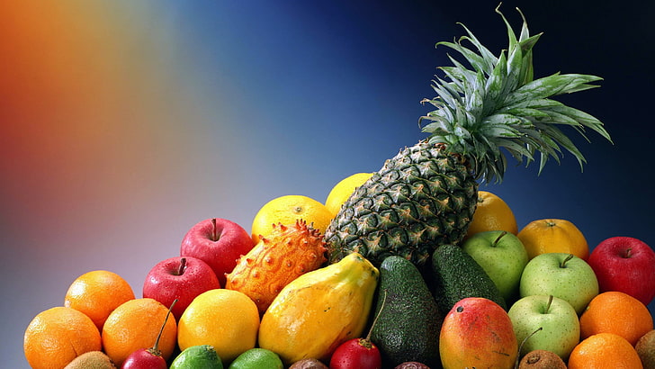 assorted fruits arrangement, food, apples, pineapples, orange (fruit)