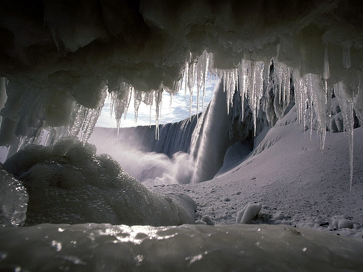 ice stalagmites, icicles, falls, cold, winter, nature, waterfall, HD wallpaper