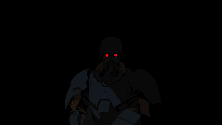 anime character soldier poster, Jin-Roh, red eyes, black, dark