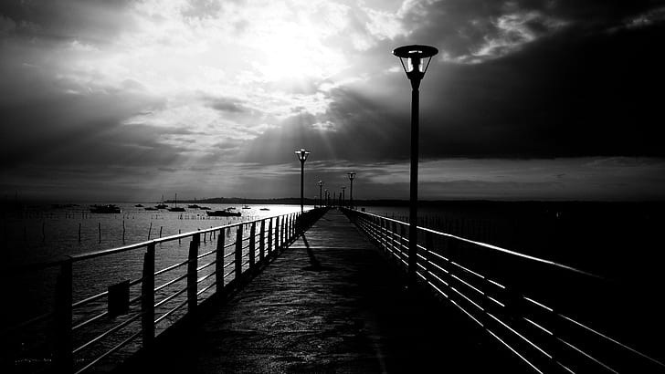 pier, black and white, monochrome photography, rays