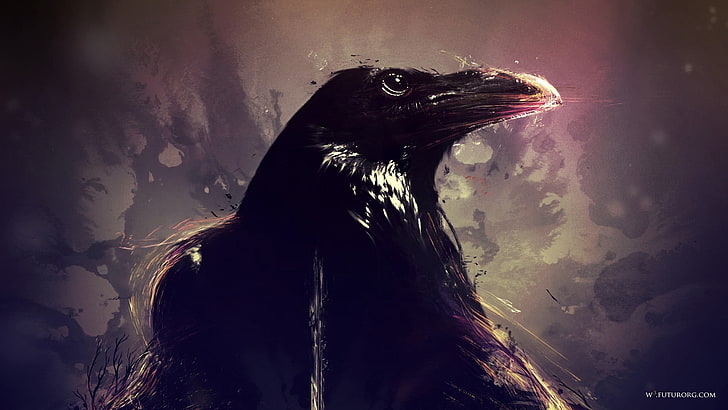 crow digital wallpaper, raven, artwork, animals, birds, animal themes