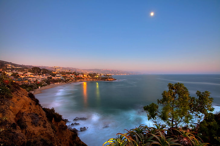 aerial photography of the coastline, lights, the ocean, The moon, HD wallpaper