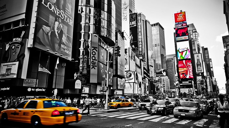 selective photo of Taxi in New York City, selective coloring, HD wallpaper