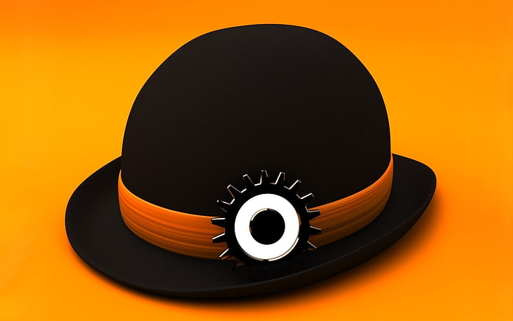 3d, A Clockwork Orange, digital art, eyes, gears, hat, minimalism
