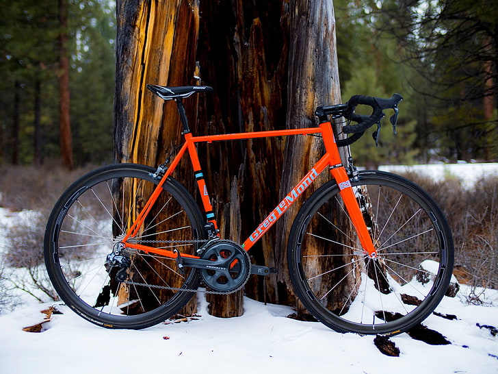 orange and black road bike, bicycle, carbon fiber , wheels, winter, HD wallpaper