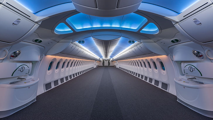 black and white corridor, symmetry, interior, modern, airplane, HD wallpaper