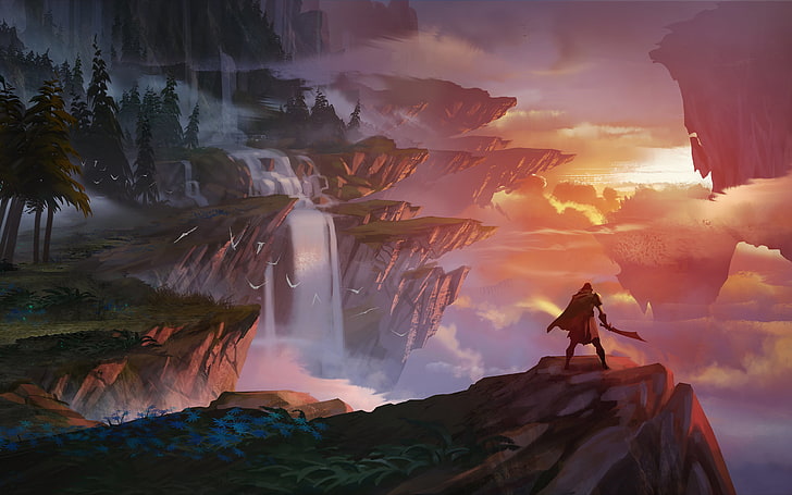 man wielding sword standing on the edge of the cliff wallpaer