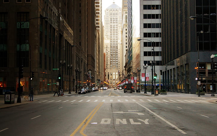 City street of Chicago in USA, skyscrapers