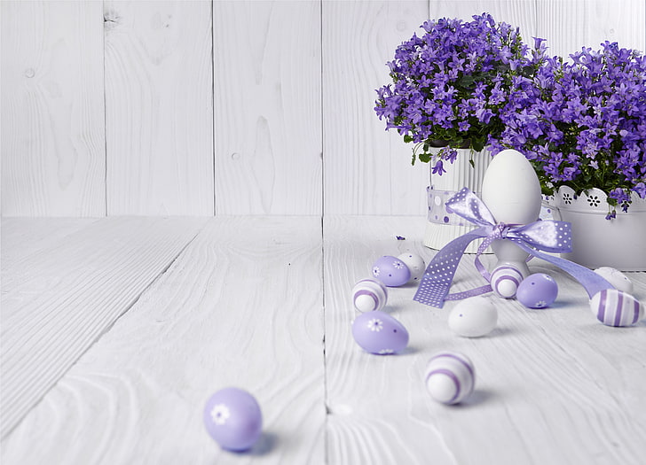 white ad purple egg decors, flowers, eggs, Easter, lavender, spring, HD wallpaper