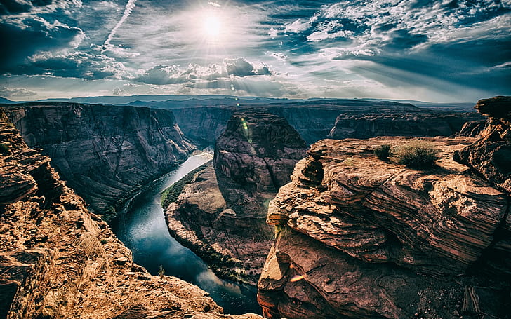 Horseshoe Bend, Arizona, USA, cliffs, river, sun, clouds, HD wallpaper