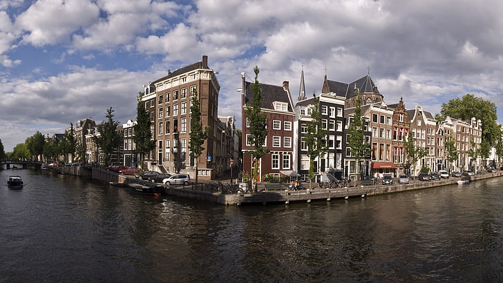 city, cityscape, building, river, water, clouds, Amsterdam