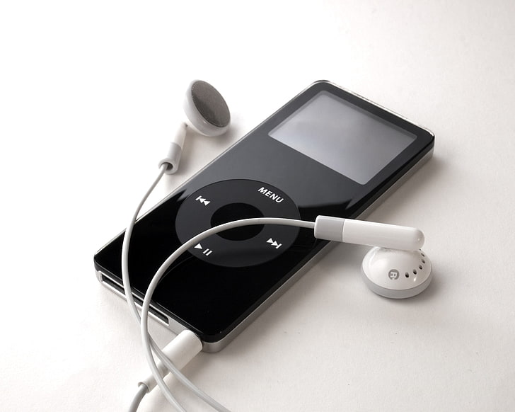 2rd gen. black iPod nano and white EarPods, player, headphones, HD wallpaper
