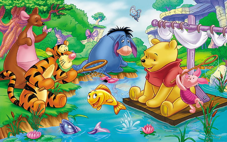 Winnie The Pooh Piglet Tigar Eeyore Kanga Party On The River Cartoon Desktop Wallpaper Hd 1920×1200, HD wallpaper